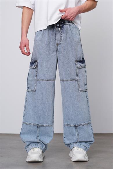 Dokulu Mavi Tasarım Kargo Beli Lastikli Paçası Ayarlanabilir Z3 GD Baggy Pantolon