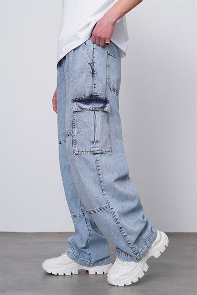 Dokulu Mavi Tasarım Kargo Beli Lastikli Paçası Ayarlanabilir Z3 GD Baggy Pantolon