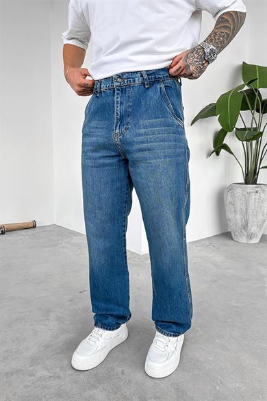 Dokulu Mavi Yan Cepli Basic Baggy Pantolon
