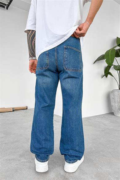 Dokulu Mavi Yan Cepli Basic Baggy Pantolon
