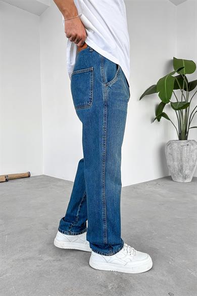Dokulu Mavi Yan Cepli Basic Baggy Pantolon
