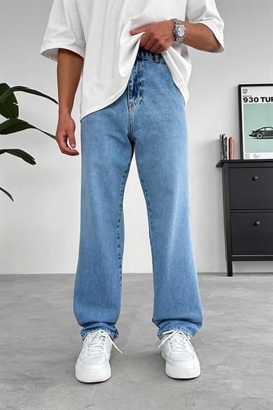 Dokulu Mavi Yan Cepli Basic Baggy Pantolon