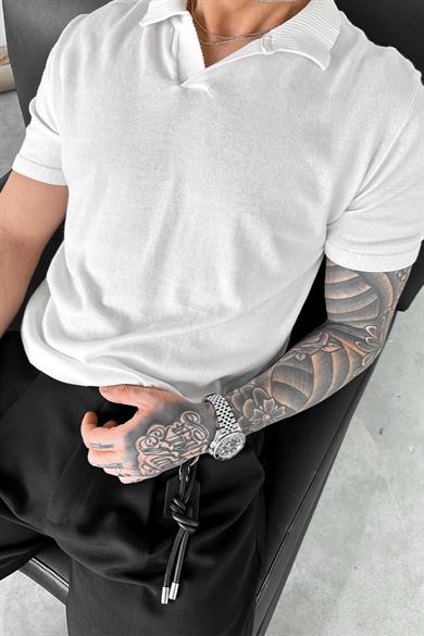Ekru Basic Polo Yaka Triko Relaxed Tişört