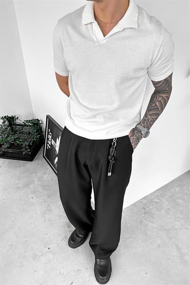 Ekru Basic Polo Yaka Triko Relaxed Tişört