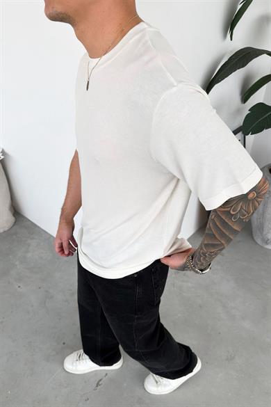 Ekru Basic Soft Likralı Relaxed Triko Tişört