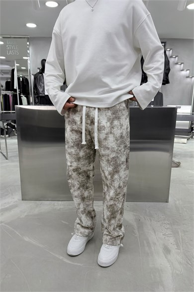 Ekru Batik Yıkamalı Paça Stoperli Baggy Pantolon