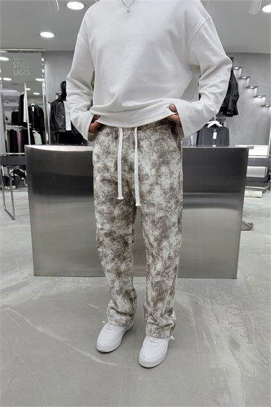 Ekru Batik Yıkamalı Paça Stoperli Baggy Pantolon