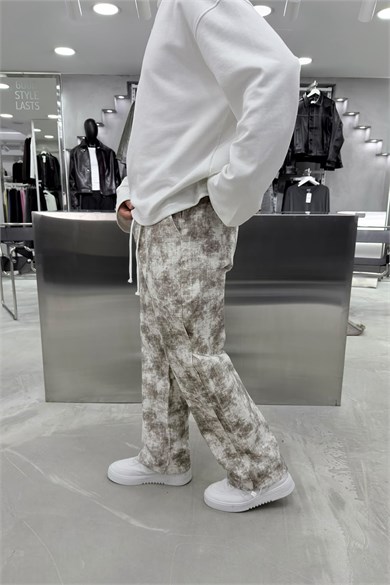 Ekru Batik Yıkamalı Paça Stoperli Baggy Pantolon