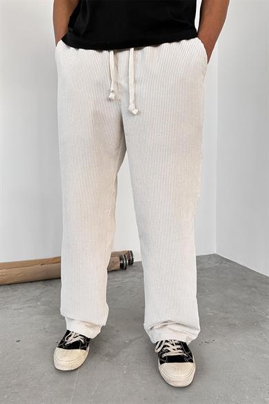 Ekru Beli Lastikli Ayarlanabilir Kadife Baggy Pantolon