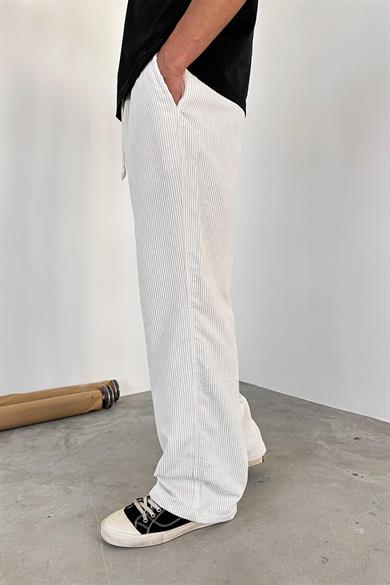 Ekru Beli Lastikli Ayarlanabilir Kadife Baggy Pantolon