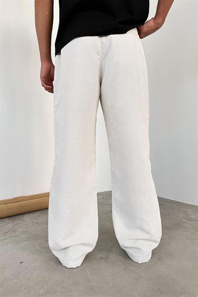 Ekru Beli Lastikli Ayarlanabilir Kadife Baggy Pantolon