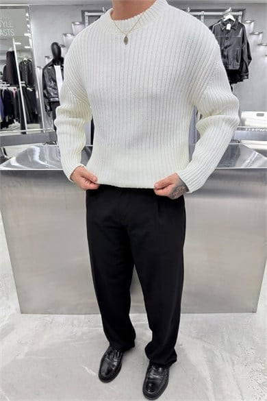 Ekru Bisiklet Yaka Fitilli Oversize Triko Kazak