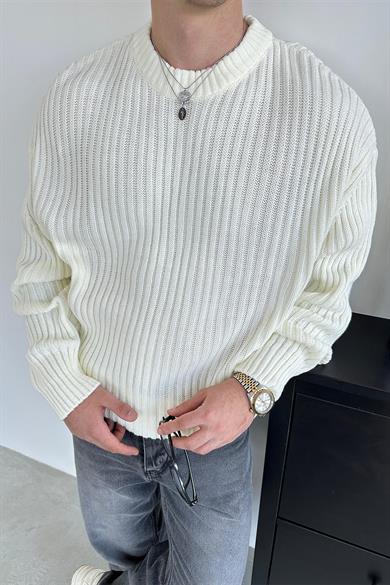 Ekru Bisiklet Yaka Fitilli Oversize Triko Kazak