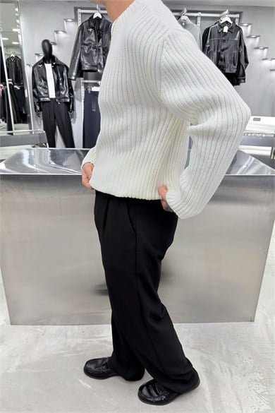 Ekru Bisiklet Yaka Fitilli Oversize Triko Kazak