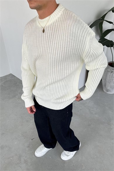 Ekru Bisiklet Yaka Fitilli Oversize Triko Kazak