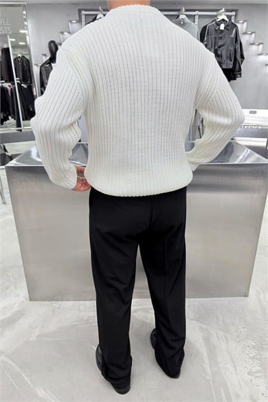 Ekru Bisiklet Yaka Fitilli Oversize Triko Kazak