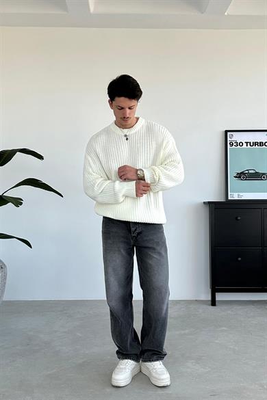 Ekru Bisiklet Yaka Fitilli Oversize Triko Kazak