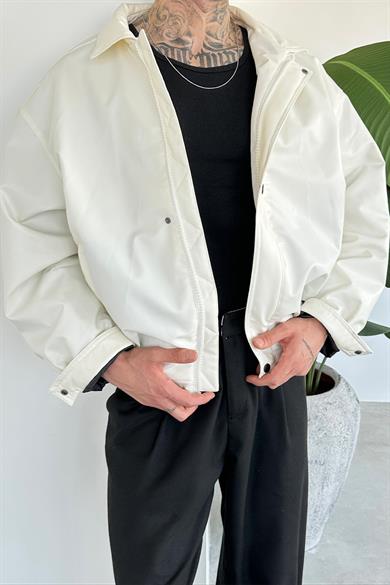 Ekru Bomber Oversize Deri Ceket