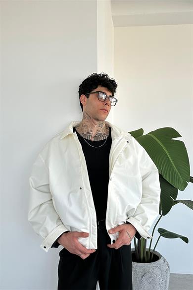 Ekru Bomber Oversize Deri Ceket