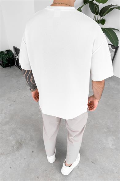Ekru Dokuma Yırtmaç Detay Oversize Tişört