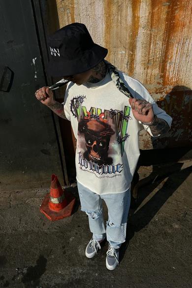 Ekru Ekru Barbed Skull Oversize Tişört
