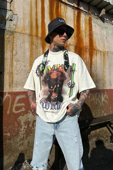 Ekru Ekru Barbed Skull Oversize Tişört