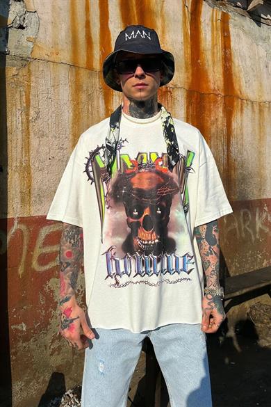 Ekru Ekru Barbed Skull Oversize Tişört