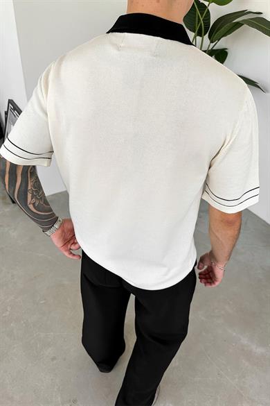 Ekru Elegance Contrast Relaxed Polo Yaka Tişört
