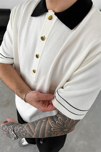 Ekru Elegance Contrast Relaxed Polo Yaka Tişört
