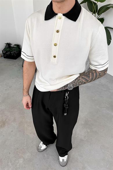 Ekru Elegance Contrast Relaxed Polo Yaka Tişört