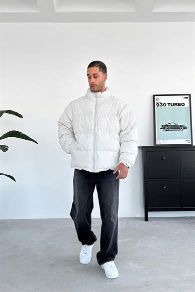 Ekru Etnik Kabartma Detay Oversize Puffer Mont