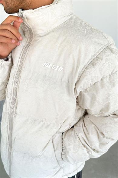 Ekru Etnik Kabartma Detay Oversize Puffer Mont