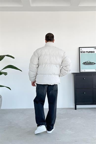 Ekru Etnik Kabartma Detay Oversize Puffer Mont