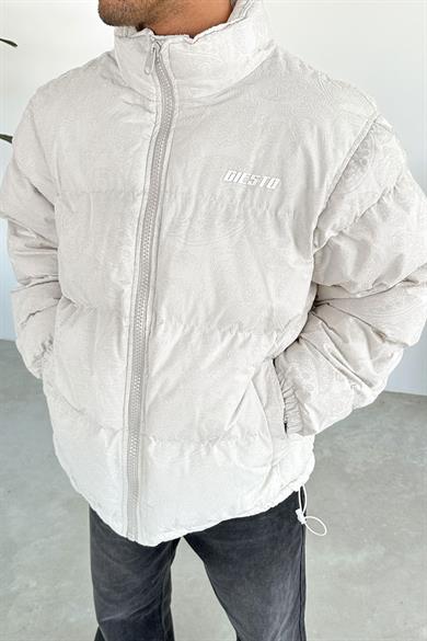 Ekru Etnik Kabartma Detay Oversize Puffer Mont