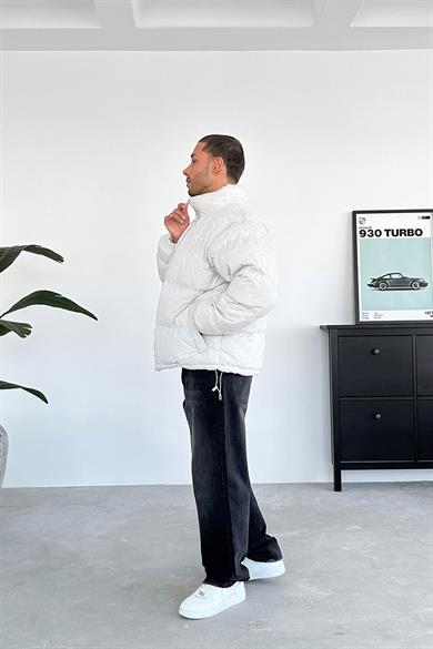 Ekru Etnik Kabartma Detay Oversize Puffer Mont