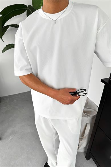 Ekru İnce Fitilli Oversize Tişört