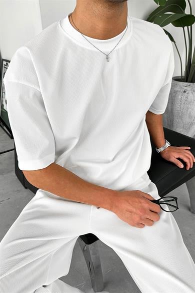 Ekru İnce Fitilli Oversize Tişört