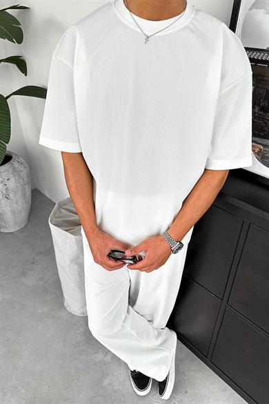 Ekru İnce Fitilli Oversize Tişört