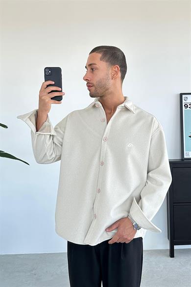Ekru Nakış Detaylı Oversize Kaşe Gömlek