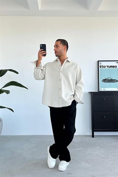 Ekru Nakış Detaylı Oversize Kaşe Gömlek