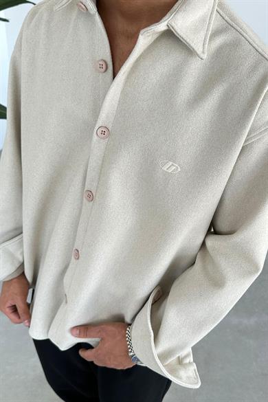 Ekru Nakış Detaylı Oversize Kaşe Gömlek
