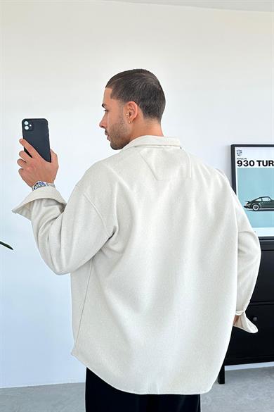 Ekru Nakış Detaylı Oversize Kaşe Gömlek