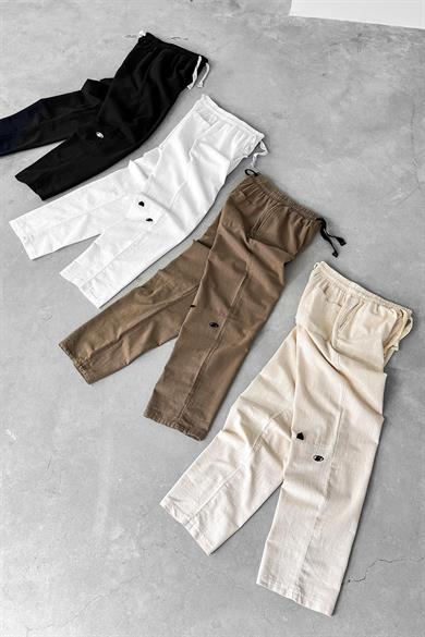 Ekru Nakışlı Baggy Keten Pantolon