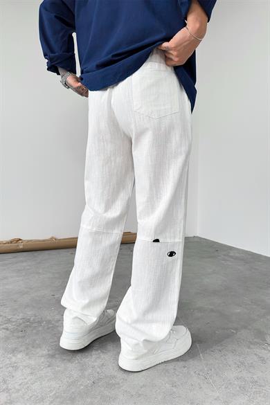 Ekru Nakışlı Baggy Keten Pantolon
