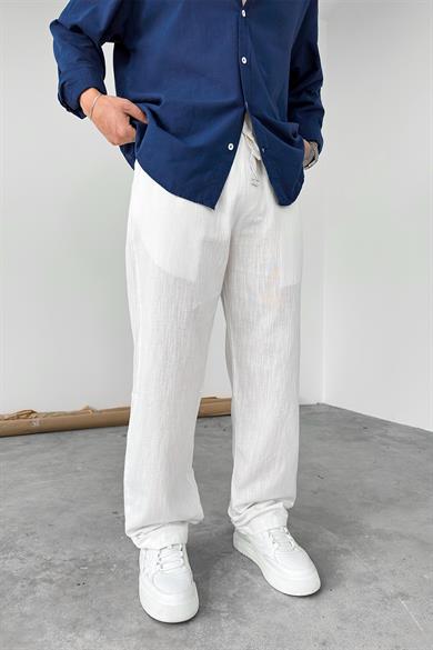 Ekru Nakışlı Baggy Keten Pantolon