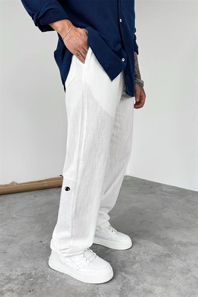 Ekru Nakışlı Baggy Keten Pantolon