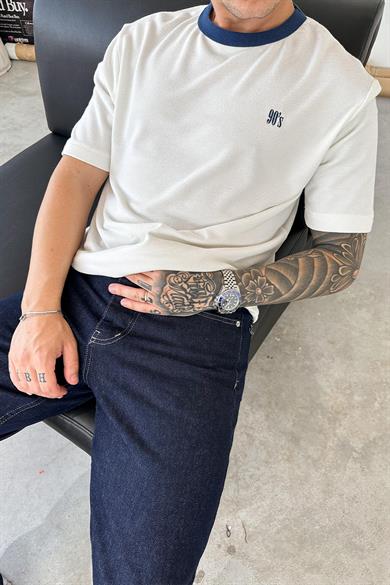 Ekru Old Money 90s İnce Fitilli Oversize Tişört