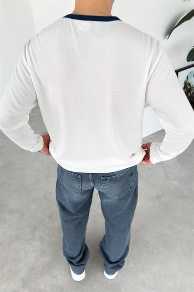 Ekru Old Money 90s İnce Fitilli Oversize Uzun Kollu Tişört