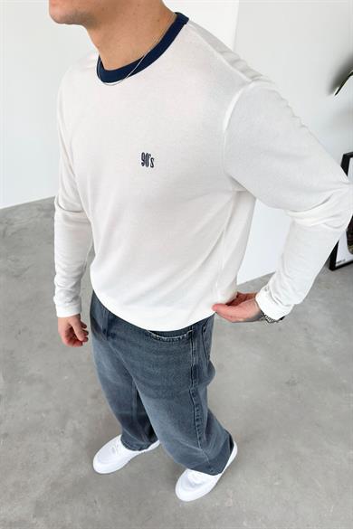 Ekru Old Money 90s İnce Fitilli Oversize Uzun Kollu Tişört