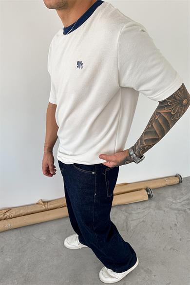 Ekru Old Money 90s İnce Fitilli Oversize Tişört